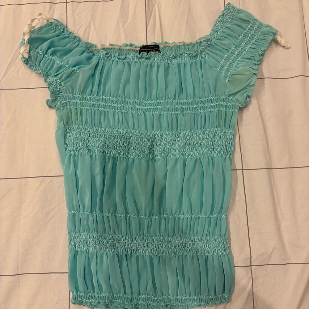 Vix Light Blue Smocked Blouse